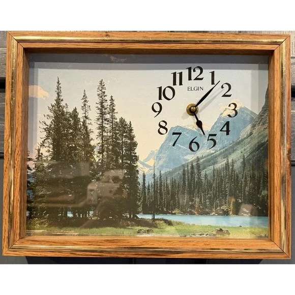 Vintage Elgin Mountain Landscape Wall Clock Takane Quartz Movement Wood Frame